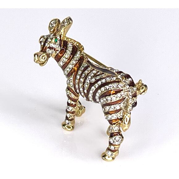 VTG Pave Crystal ZEBRA BROOCH PIN Enameled Gold Standing Zoo Animal Green Eyes - Picture 2 of 8
